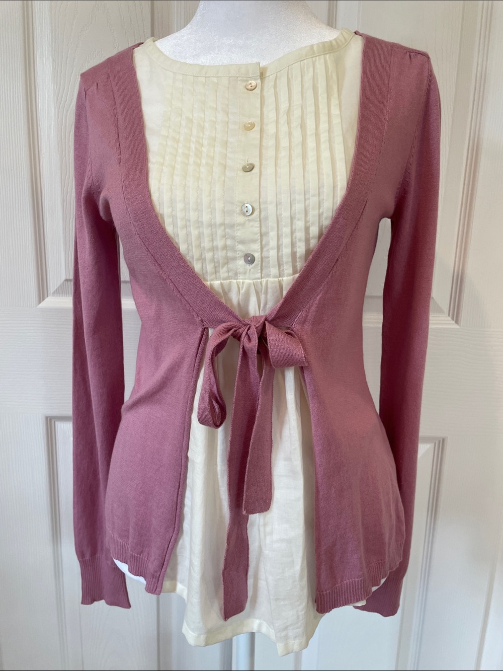 Women Talbots Rose Pink Open Cardigan with Cream Pintuck Front size 2